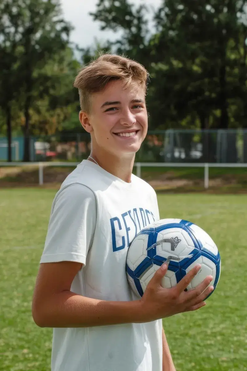 Jovem atleta segurando bola de futebol em campo